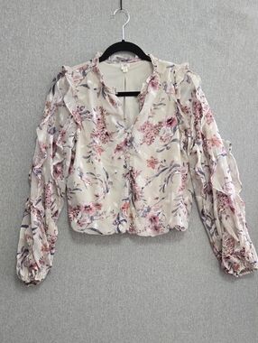 Women's Floral Ruffle Button-Front Blouse in Cream and Dusty Pink